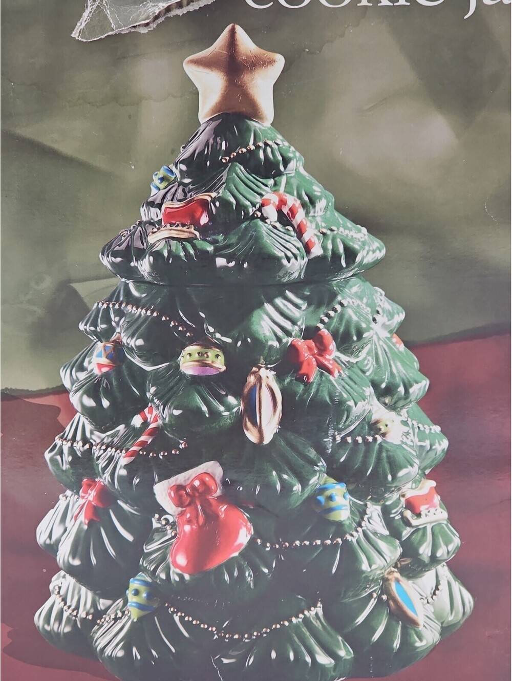 VTG Walmart Ceramic Christmas Tree Cookie Jar NIB Holiday Green Bows 5173-9510